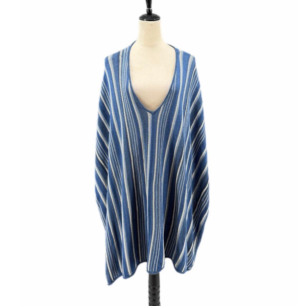 Lauren Ralph Lauren OS Blue & White Striped Linen Cotton V-neck Sweater Poncho